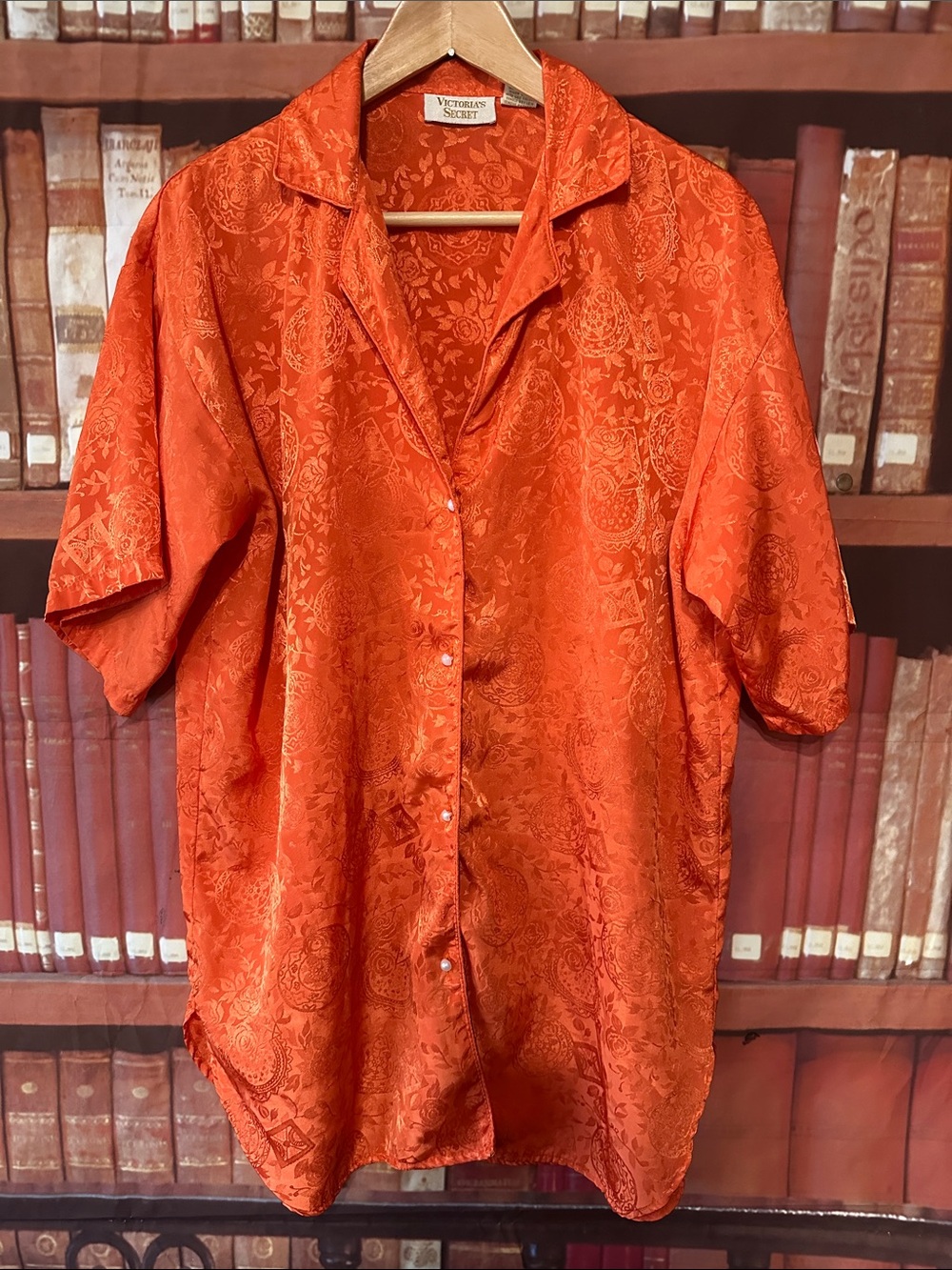 Vintage Victoria's Secret Gold Label Jacquard Satin Sleep Shirt P/S Orange Korea